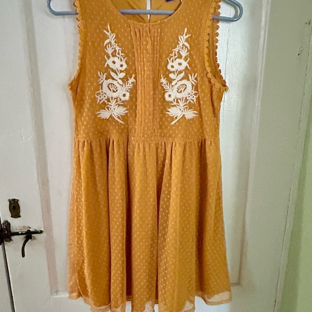 Blue Life Mustard Mini Dress with White Embroidery